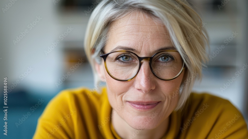 Middleaged woman engages in a video call, honing her skills through remote learning and online meetings at home. Middleaged woman engages in a video call, honing her skills through remote learning and online meetings at home.