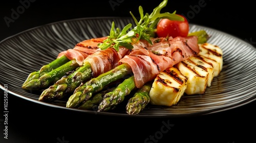 Grilled asparagus wrapped in prosciutto with grilled halloumi cheese and cherry tomato garnish on a black plate.