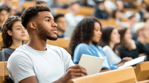 Diverse college students actively engaged in a daytime lecture, taking notes and collaborating in a bright, focused classroom.