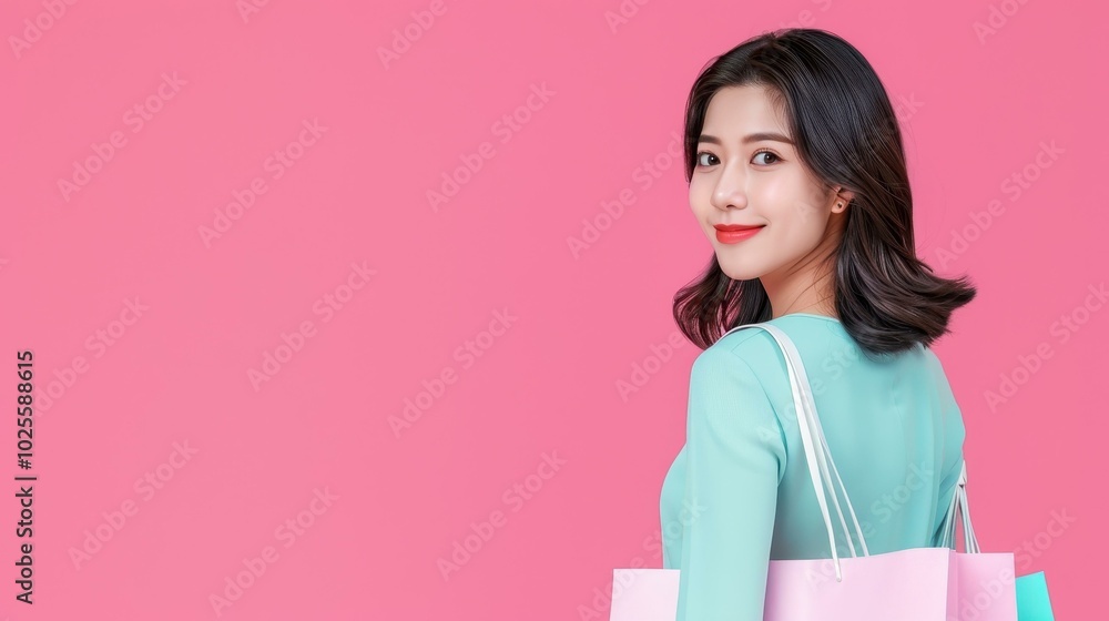 Vibrant and cheerful woman strolls with shopping bags, radiating joy against a playful pink backdrop. Vibrant and cheerful woman strolls with shopping bags, radiating joy against a playful pink backdrop.