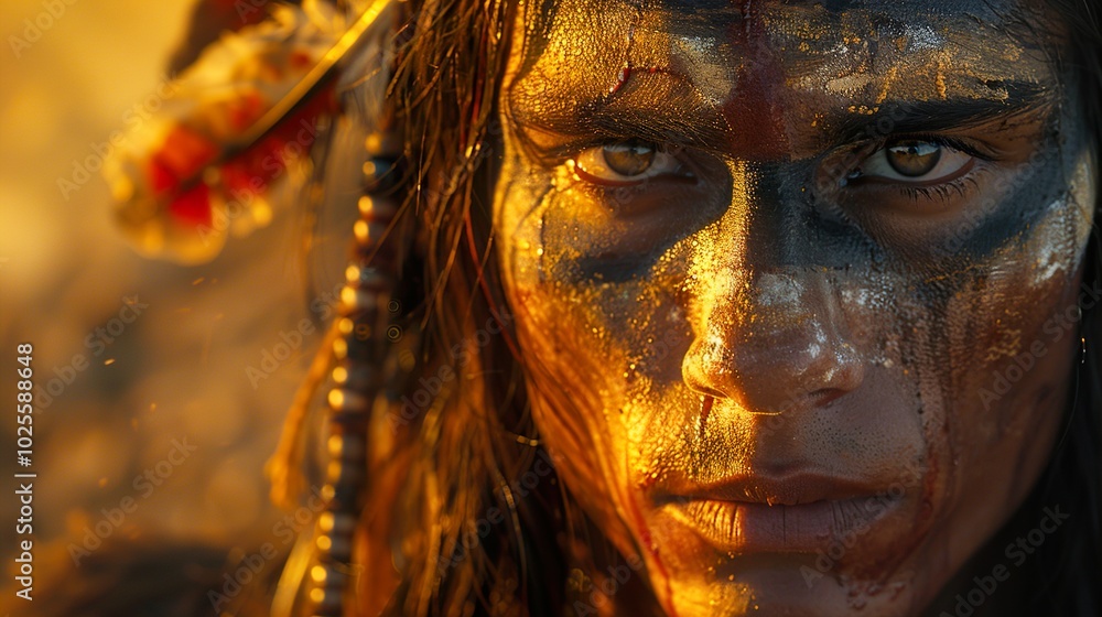 Intense Portrait of a Native American Warrior with War Paint Intense Portrait of a Native American Warrior with War Paint