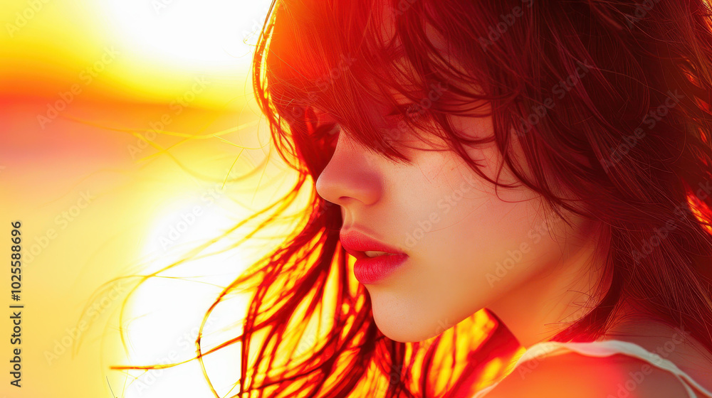A stunning portrait of a young woman with long dark hair, illuminated by the warm rays of the setting sun. A stunning portrait of a young woman with long dark hair, illuminated by the warm rays of the setting sun.