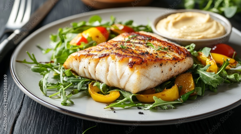 Grilled fish with arugula, yellow peppers, and a creamy sauce. Grilled fish with arugula, yellow peppers, and a creamy sauce.