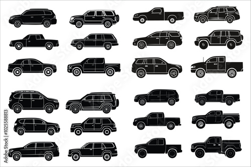 Vector car silhouettes collection. Vector illustrations of car silhouettes. Vehicles silhouettes vector art. Various types car vector silhouettes. Silhouettes of different types cars vector