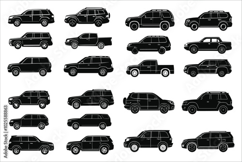 Vector car silhouettes collection. Vector illustrations of car silhouettes. Vehicles silhouettes vector art. Various types car vector silhouettes. Silhouettes of different types cars vector