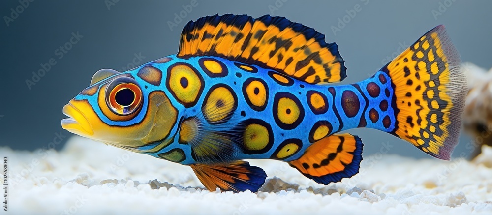 Naklejka premium A vibrant, colorful mandarin fish swims in a clear blue aquarium.
