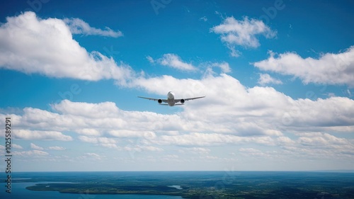 Airplane flying above clear blue skies with cloud coverage.