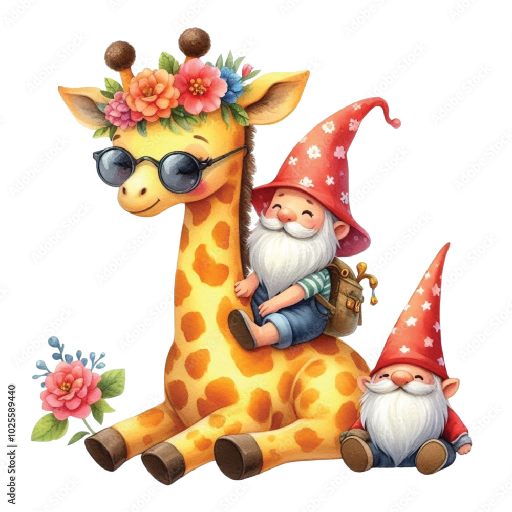 Naklejka premium Giraffe and cute Gnome clipart watercolor 