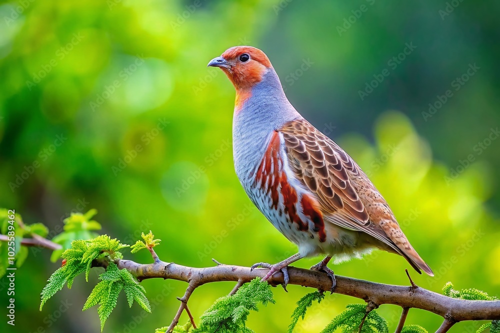 Grey Partridge Bird Perched on a Branch in Natural Habitat with Soft Focus Background Greenery