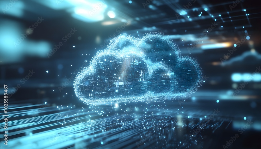 A digital cloud representation glowing amidst abstract data patterns, symbolizing technology and cloud computing innovation.