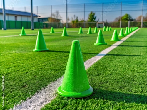 Grüne Rasenfläche eines Fußballfeldes mit Slalomkegel für effektives Training und Übung im Sport- und Fitnessbereich photo