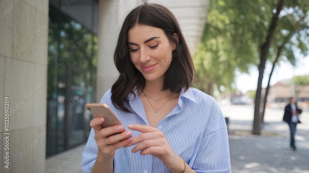 Fototapeta premium Young woman using smartphone, smiling, standing outdoors in urban setting.