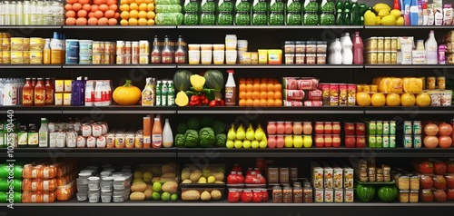 Colorful grocery display showcasing a variety of fruits, vegetables, and packaged food items on shelves in a supermarket.