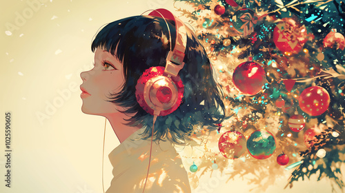 Wallpaper Mural クリスマス飾りと音楽を聴く女性 Torontodigital.ca
