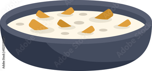 This isometric icon depicts a bowl containing creamy soup with croutons