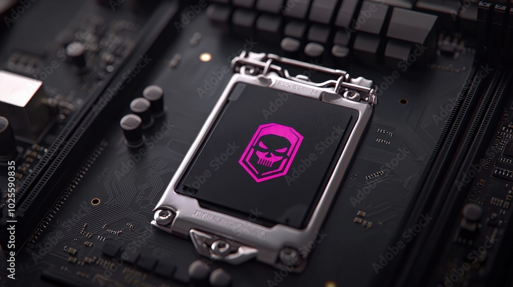 Neon Skull CPU Socket on Motherboard Gaming PC Motherboard Close up Neon Skull CPU Socket on Motherboard Gaming PC Motherboard Close up