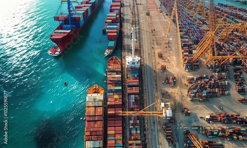 Aerial view of a seaport and industrial area in the port of Al Khalifa, Saudi Arabia. The harbor landscape with ships docked along the seacoast, with a mountainous background. photo