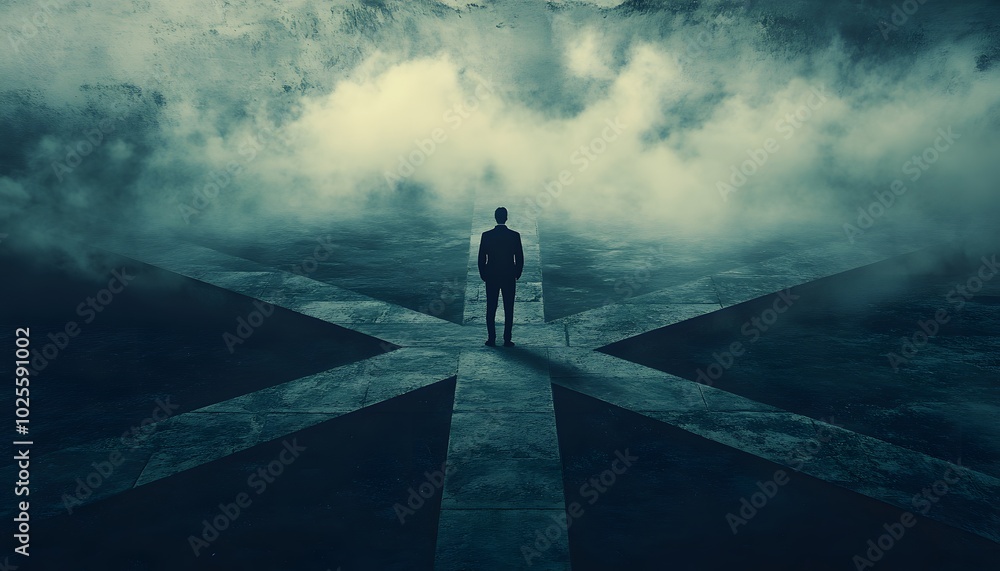 A solitary figure stands at a crossroad shrouded in mist, symbolizing choices and uncertainty in a surreal landscape. A solitary figure stands at a crossroad shrouded in mist, symbolizing choices and uncertainty in a surreal landscape.