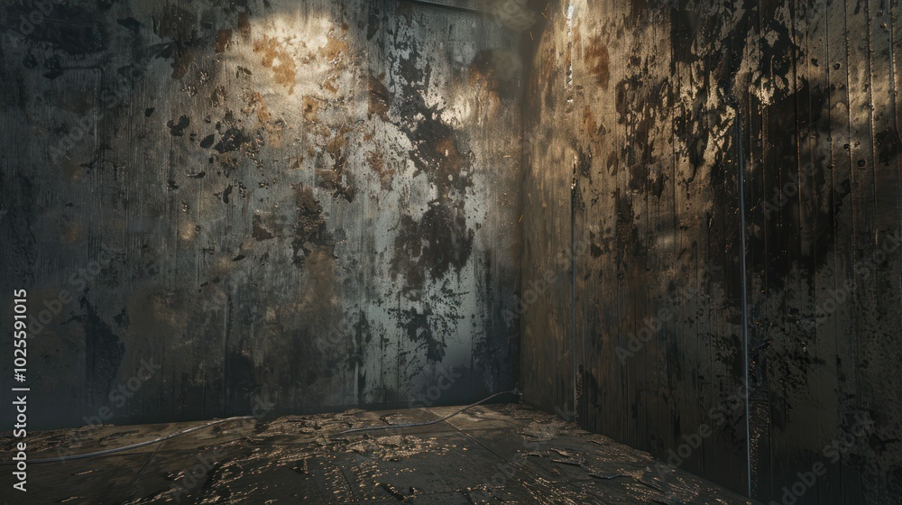 A Corner of a Dark and Dirty Room with a Metal Wall and Floor A Corner of a Dark and Dirty Room with a Metal Wall and Floor