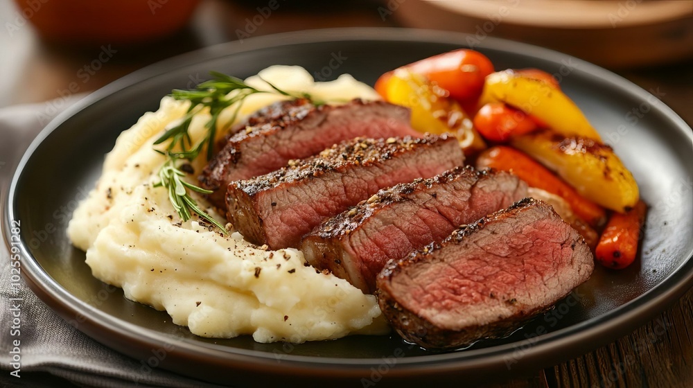 Deliciously Grilled Steak with Creamy Mashed Potatoes and Colorful Roasted Vegetables Deliciously Grilled Steak with Creamy Mashed Potatoes and Colorful Roasted Vegetables