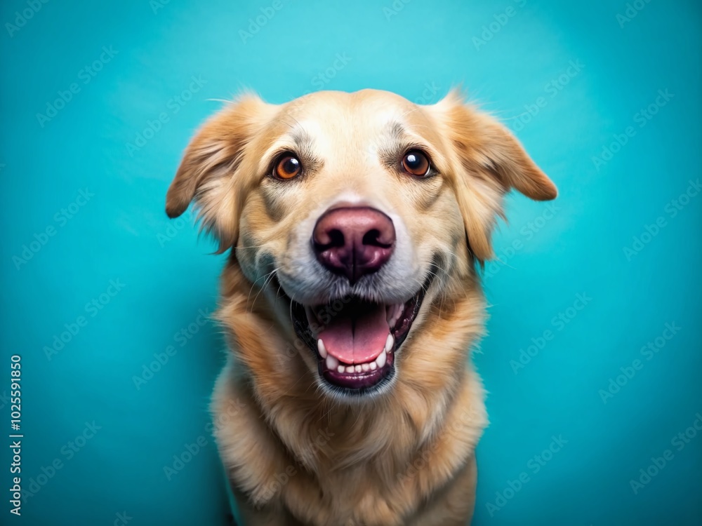 Happy Dog Smiling on Blue Background - Joyful Canine Portrait for Pet Lovers Happy Dog Smiling on Blue Background - Joyful Canine Portrait for Pet Lovers