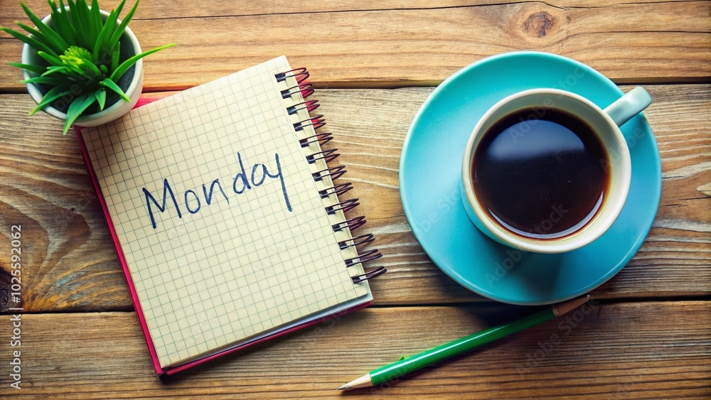 Happy Monday Inspiration with Coffee and Massage Notes on Notebook for a Productive Week Ahead at Your Workspace Happy Monday Inspiration with Coffee and Massage Notes on Notebook for a Productive Week Ahead at Your Workspace