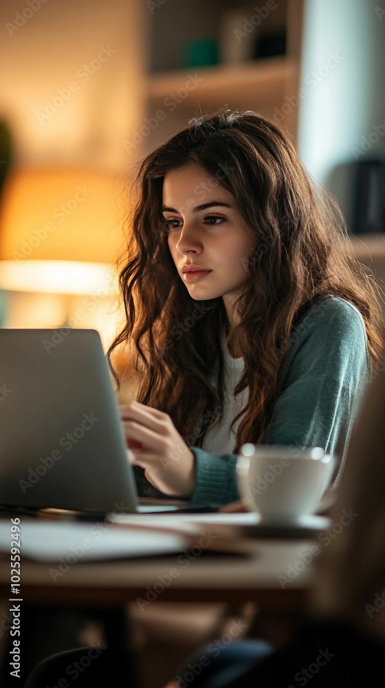 Young Woman Working on Laptop in Cozy Home Office Young Woman Working on Laptop in Cozy Home Office