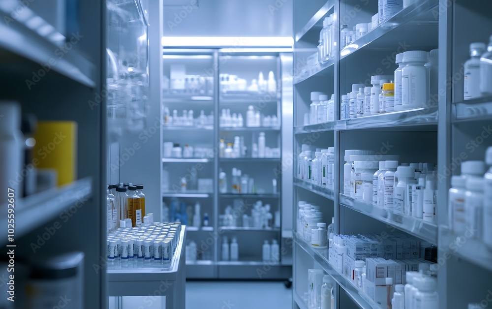 custom made wallpaper toronto digitalA well-organized pharmacy interior featuring shelves filled with various medication bottles and containers, showcasing a clinical atmosphere.