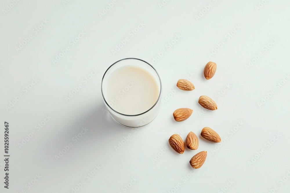 A transparent glass of creamy nut-based milk is elegantly displayed with scattered nuts, emphasizing a wholesome lifestyle against a pristine backdrop. A transparent glass of creamy nut-based milk is elegantly displayed with scattered nuts, emphasizing a wholesome lifestyle against a pristine backdrop.