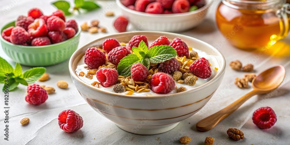 Healthy Greek Yogurt Bowl with Raspberries, Honey, and Muesli for a Nutritious Breakfast on White Stone Table Top Healthy Greek Yogurt Bowl with Raspberries, Honey, and Muesli for a Nutritious Breakfast on White Stone Table Top