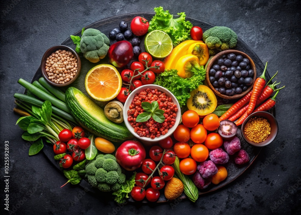 Healthy Food Arrangement on Black Table for Balanced Diet - Top View of Various Nutritious Products for Optimal Healthy Food Arrangement on Black Table for Balanced Diet - Top View of Various Nutritious Products for Optimal
