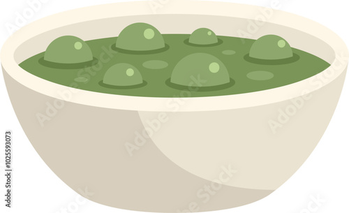 Steaming bowl of bright green pea soup topped with croutons is being served in a wide ceramic bowl
