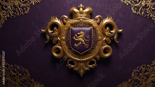 a purple and gold crest with a lion on the front. photo