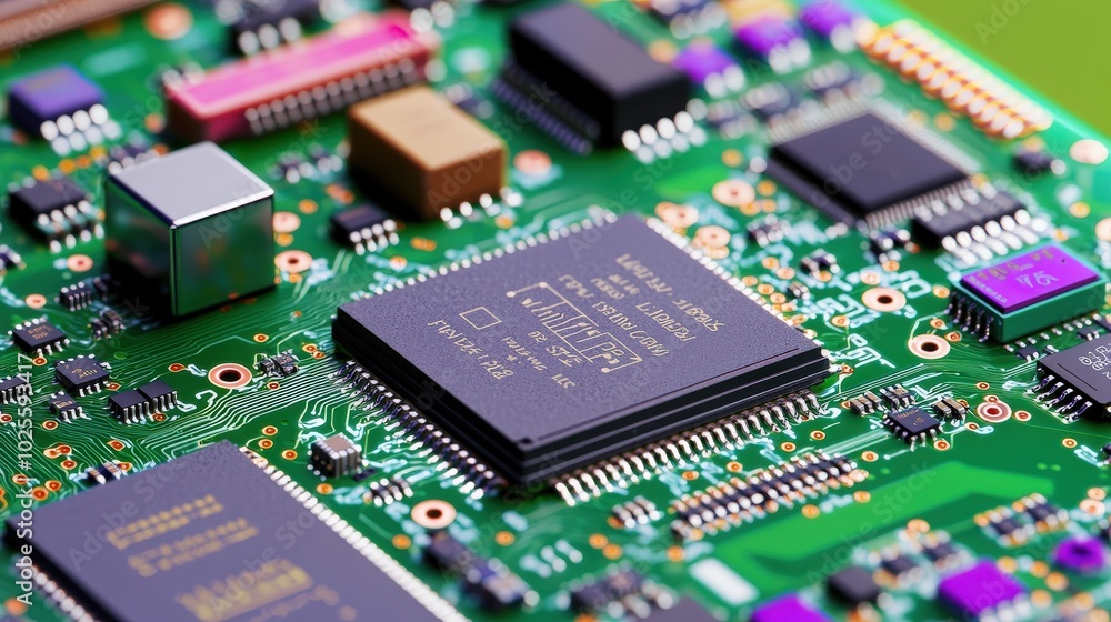 Close up of Green Circuit Board with Microchip and Components Close up of Green Circuit Board with Microchip and Components