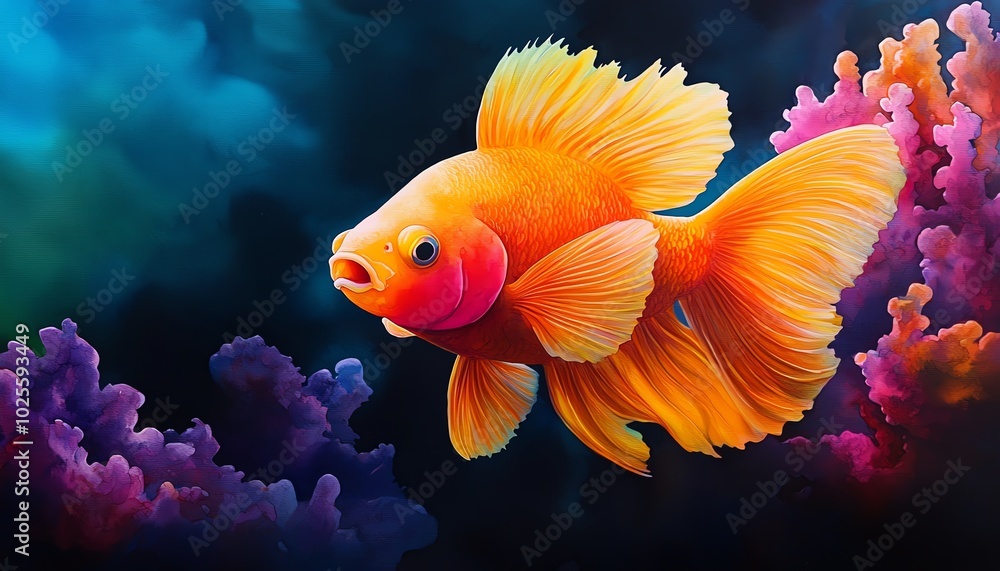Fototapeta premium A vibrant goldfish swimming through colorful underwater coral, showcasing its beautiful fins and scales.