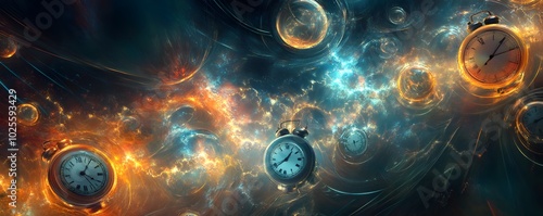 A stunning cosmic scene featuring clocks amidst colorful galaxies, symbolizing the passage of time and the beauty of the universe.