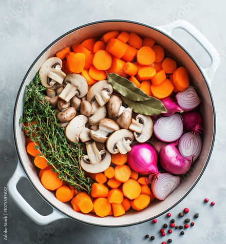 White Pot Filled with Fresh Mushrooms, Colorful Vegetables, Carrots, Onion Slices, and Bay Leaves for Homemade Mushroom and Vegetable Stock photo