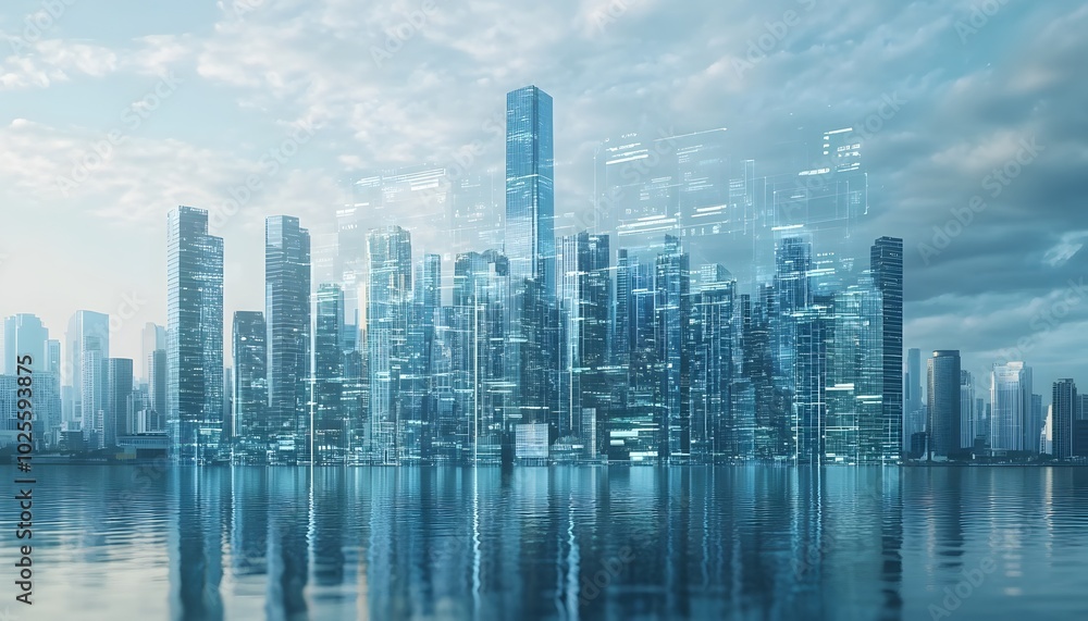 Obraz premium Futuristic city skyline reflected on water, showcasing advanced architecture and a high-tech atmosphere under a cloudy sky.