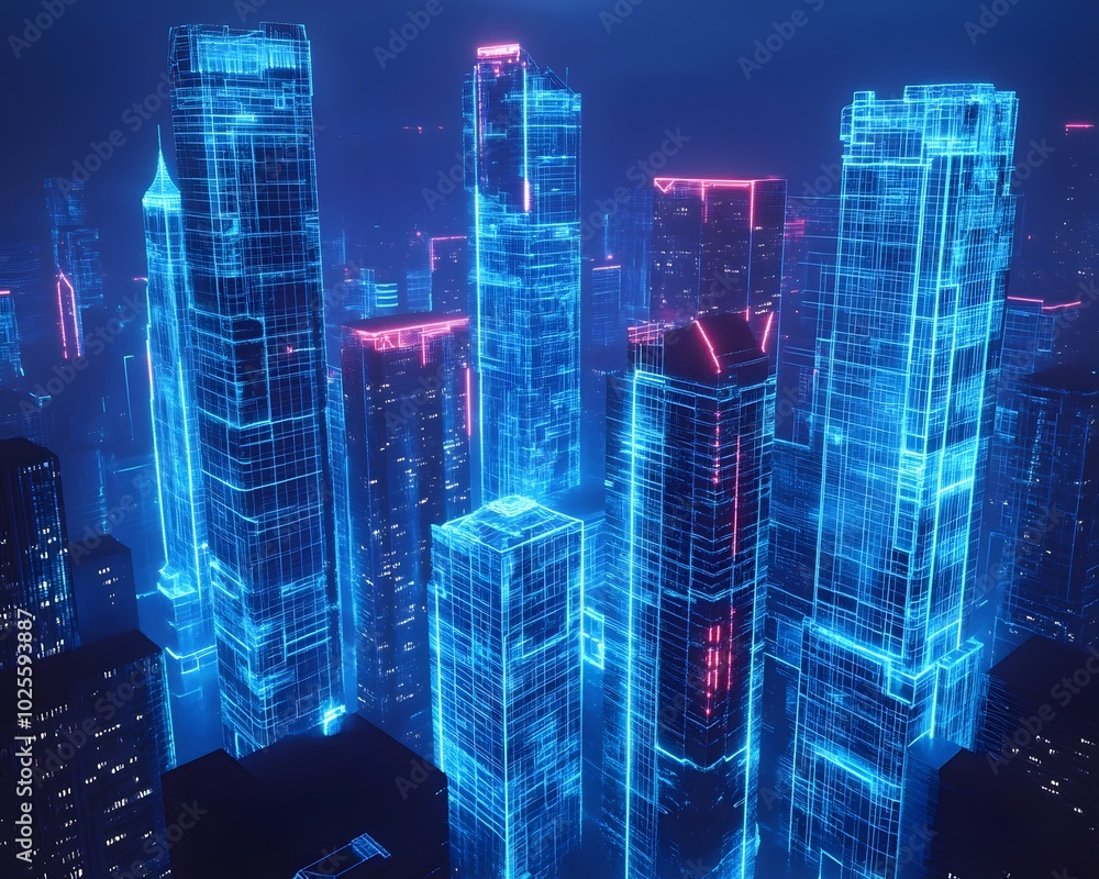 Futuristic city skyline featuring illuminated skyscrapers with neon lights, representing advanced technology and urban innovation. Futuristic city skyline featuring illuminated skyscrapers with neon lights, representing advanced technology and urban innovation.