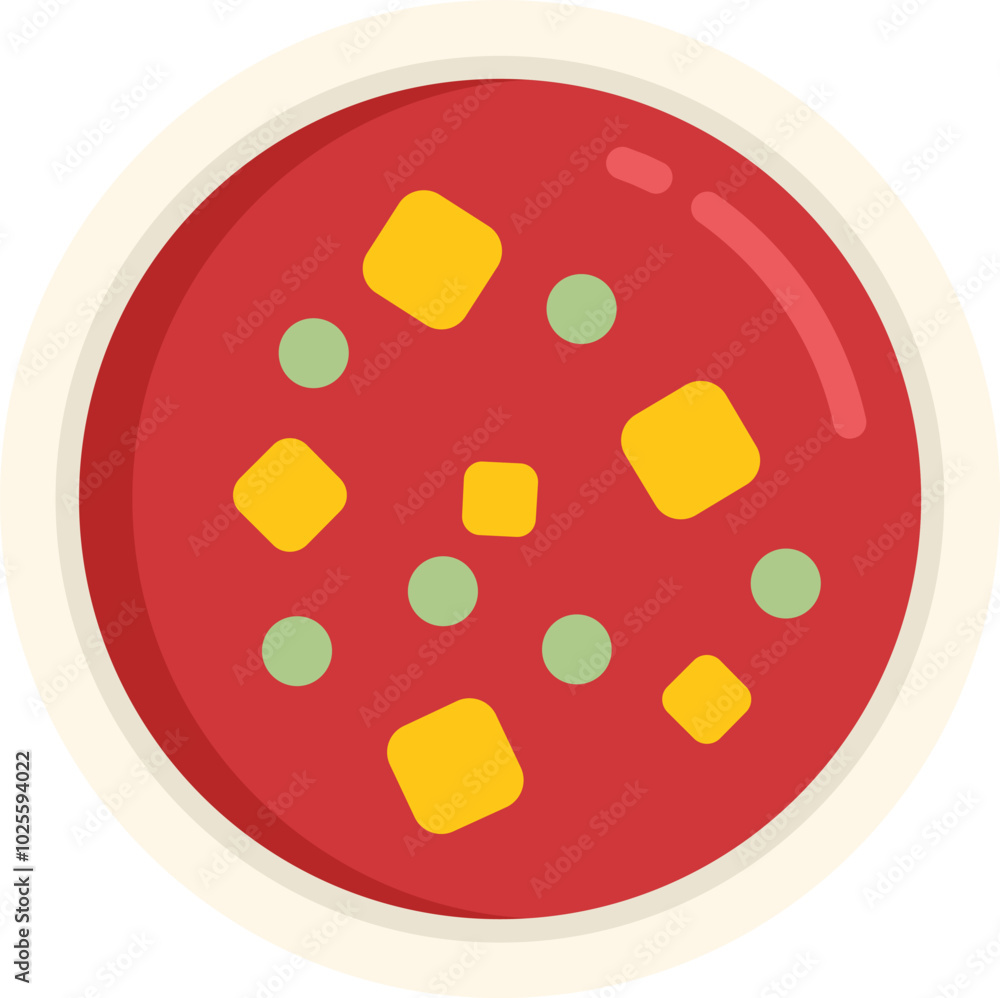 Simple flat vector illustration of tomato soup with cheese and peas floating in it, served in a white bowl Simple flat vector illustration of tomato soup with cheese and peas floating in it, served in a white bowl