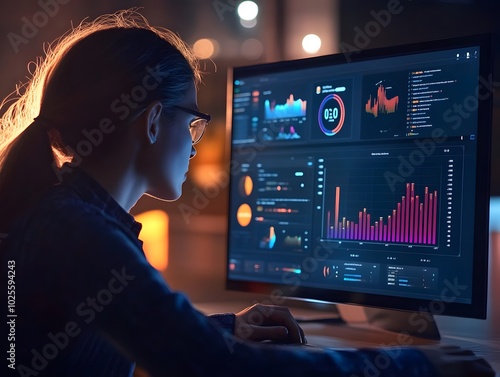 Focused woman analyzing data on computer screen with vibrant graphs and charts in a modern workspace at night.