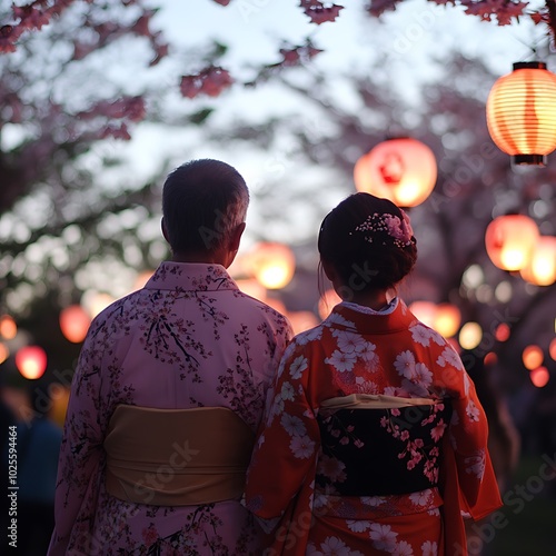 Couple in Traditional Japanese Kimonos Under Sakura Blossom Trees and Lanterns.