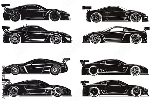 Race car silhouettes vector collection. High speed race car silhouettes vector. Stylized race car silhouettes vector. set of racing car silhouettes. Vector race car silhouettes