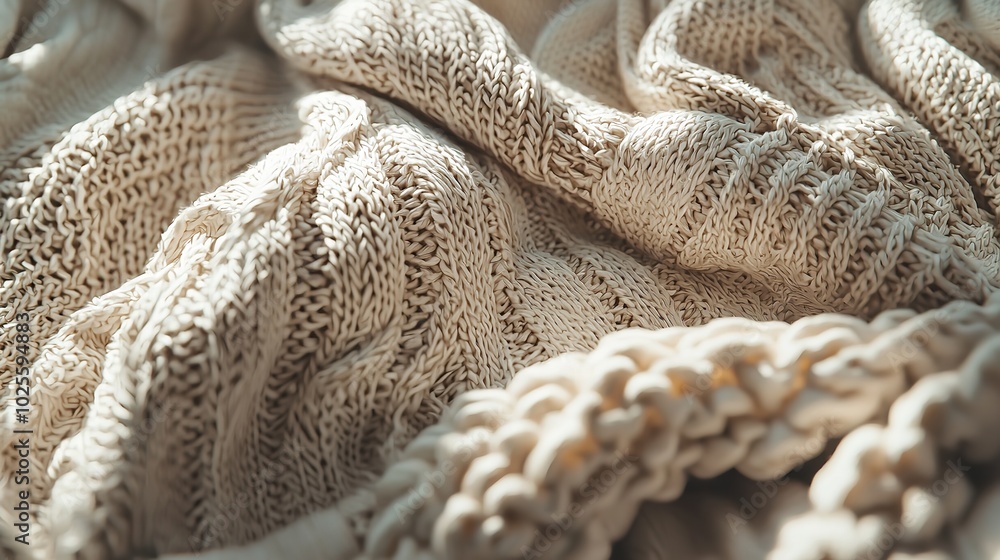 Close-up texture of intertwined creamy white knitted fabric creates a cozy and warm feeling Close-up texture of intertwined creamy white knitted fabric creates a cozy and warm feeling
