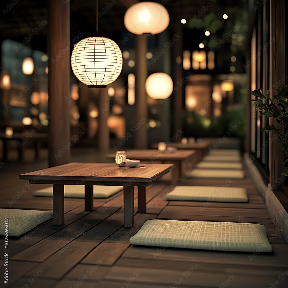 Tranquil Japanese Restaurant Interior with Wooden Tables and Pillows. Tranquil Japanese Restaurant Interior with Wooden Tables and Pillows.