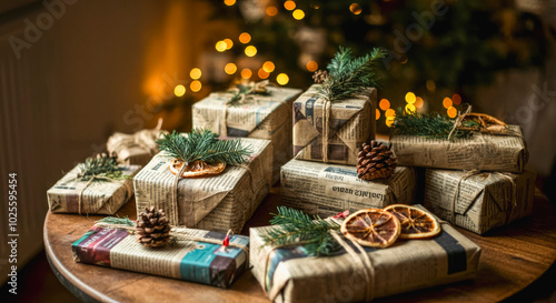 Rustic christmas gift wrapping with newspaper and natural decor for holiday season