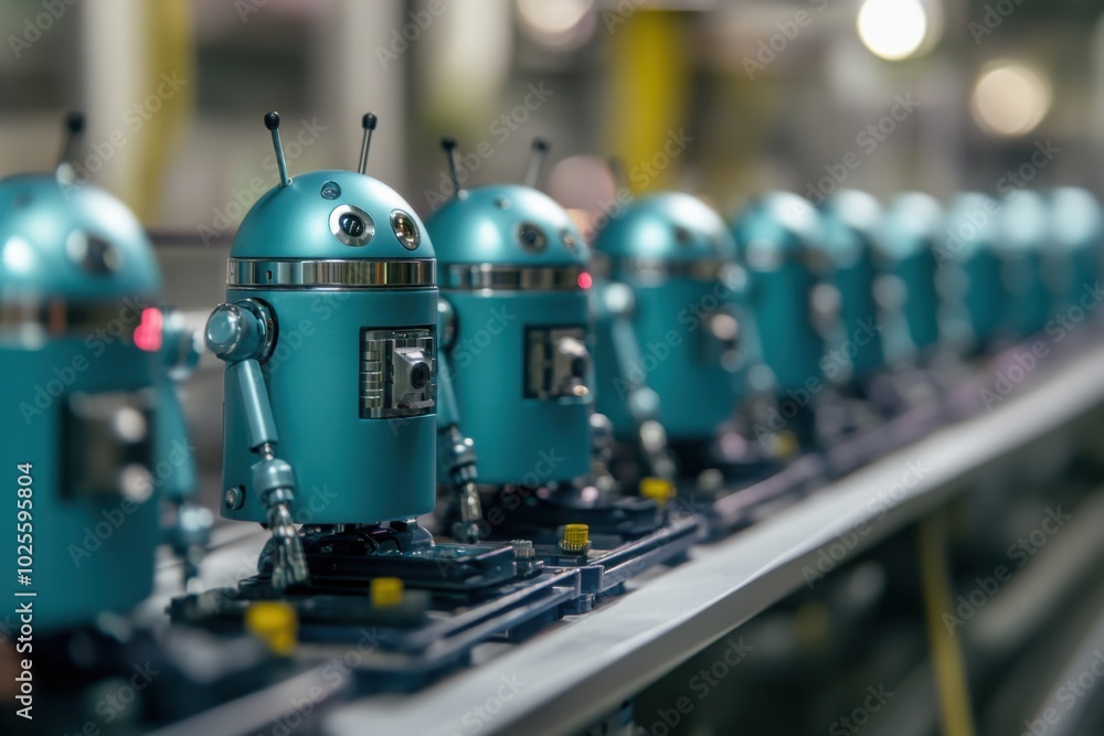 Fototapeta premium Androids on assembly line, with copy space