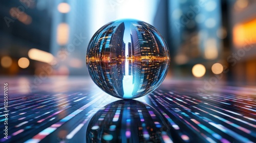 A crystal globe sparkles on a desk, reflecting the citys vibrant life and towering skyscrapers in the background. photo