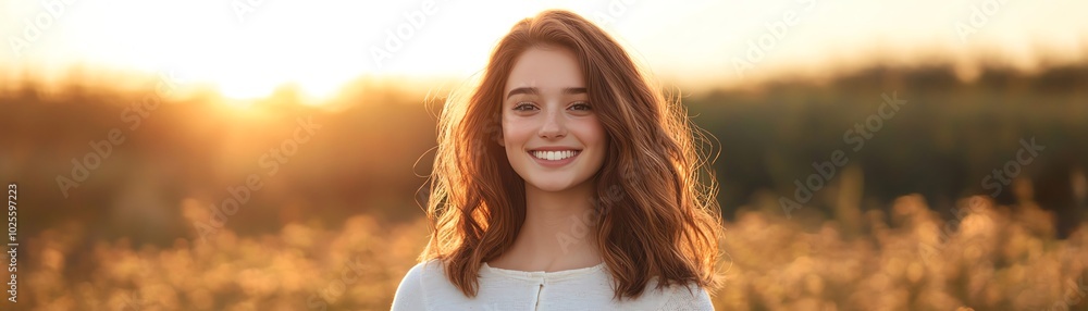 Fototapeta premium A joyful young woman smiles warmly against a sunset backdrop in nature, exuding happiness and tranquility.