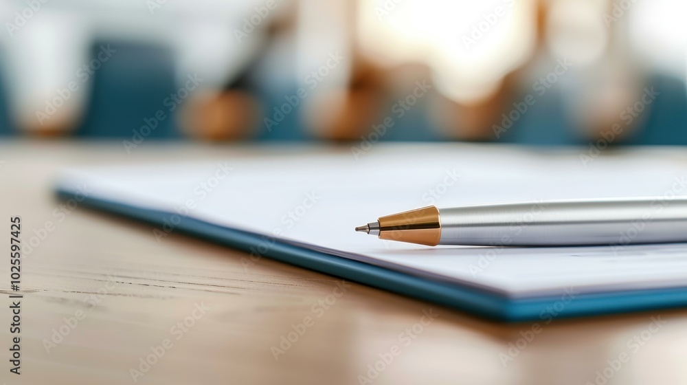 A detailed view of papers and a pen, symbolizing business tasks, with blurred individuals engaged in discussions behind. A detailed view of papers and a pen, symbolizing business tasks, with blurred individuals engaged in discussions behind.